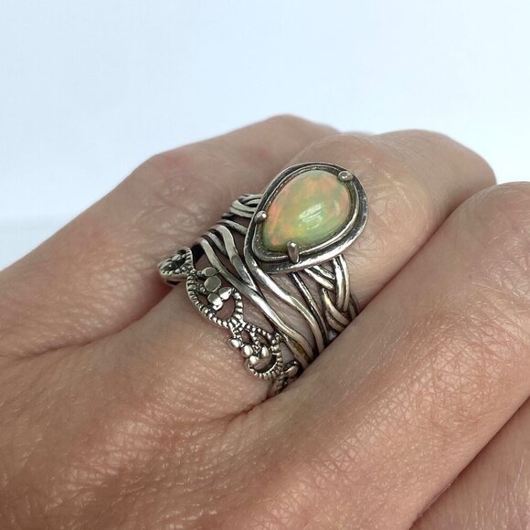 Sterling Silver 925 PZ Modernist Israel Opal Teardrop Wide Band Ring Sz 5.75 - Picture 3 of 16